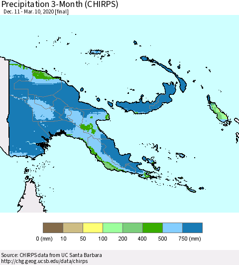 Papua New Guinea Precipitation 3-Month (CHIRPS) Thematic Map For 12/11/2019 - 3/10/2020