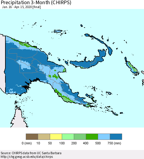 Papua New Guinea Precipitation 3-Month (CHIRPS) Thematic Map For 1/16/2020 - 4/15/2020