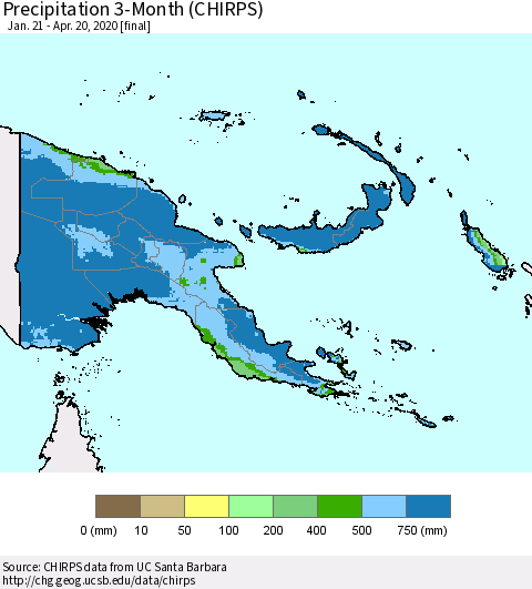 Papua New Guinea Precipitation 3-Month (CHIRPS) Thematic Map For 1/21/2020 - 4/20/2020