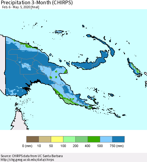 Papua New Guinea Precipitation 3-Month (CHIRPS) Thematic Map For 2/6/2020 - 5/5/2020