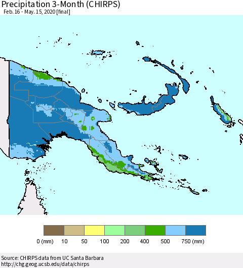 Papua New Guinea Precipitation 3-Month (CHIRPS) Thematic Map For 2/16/2020 - 5/15/2020