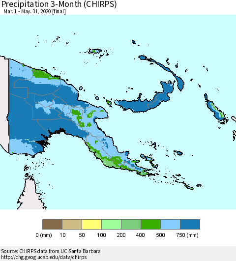 Papua New Guinea Precipitation 3-Month (CHIRPS) Thematic Map For 3/1/2020 - 5/31/2020