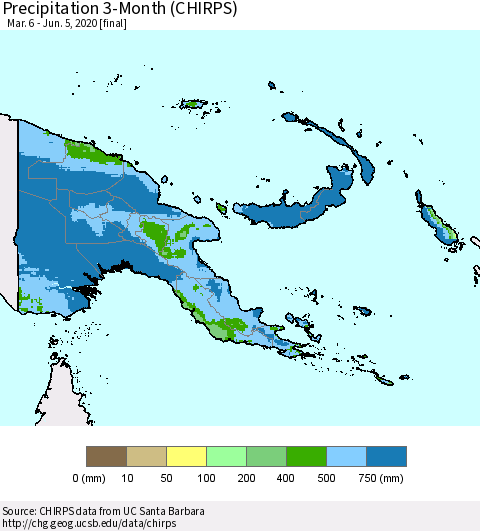 Papua New Guinea Precipitation 3-Month (CHIRPS) Thematic Map For 3/6/2020 - 6/5/2020