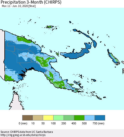 Papua New Guinea Precipitation 3-Month (CHIRPS) Thematic Map For 3/11/2020 - 6/10/2020