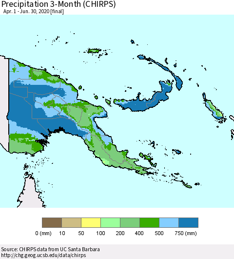 Papua New Guinea Precipitation 3-Month (CHIRPS) Thematic Map For 4/1/2020 - 6/30/2020