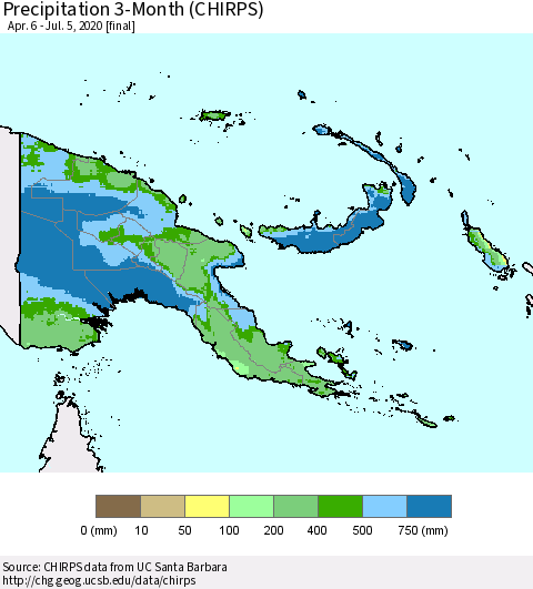 Papua New Guinea Precipitation 3-Month (CHIRPS) Thematic Map For 4/6/2020 - 7/5/2020