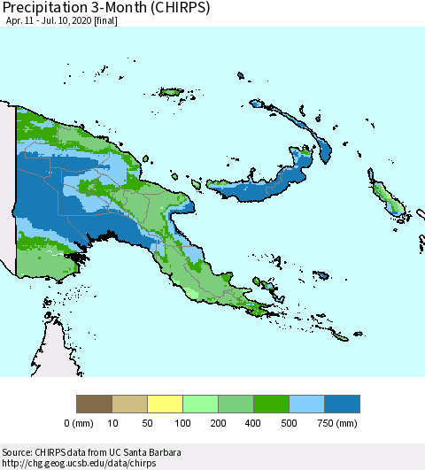 Papua New Guinea Precipitation 3-Month (CHIRPS) Thematic Map For 4/11/2020 - 7/10/2020
