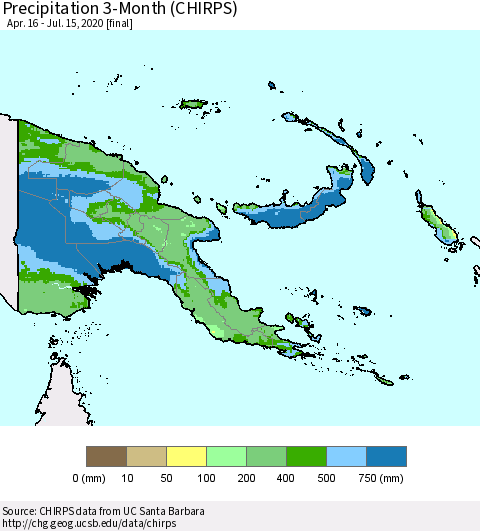 Papua New Guinea Precipitation 3-Month (CHIRPS) Thematic Map For 4/16/2020 - 7/15/2020