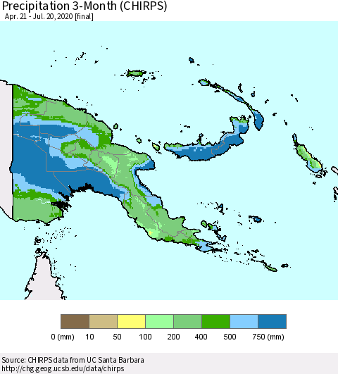 Papua New Guinea Precipitation 3-Month (CHIRPS) Thematic Map For 4/21/2020 - 7/20/2020