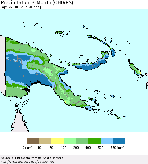 Papua New Guinea Precipitation 3-Month (CHIRPS) Thematic Map For 4/26/2020 - 7/25/2020