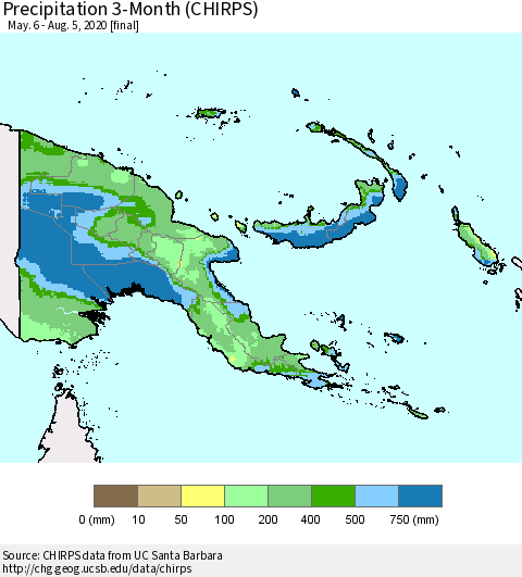 Papua New Guinea Precipitation 3-Month (CHIRPS) Thematic Map For 5/6/2020 - 8/5/2020