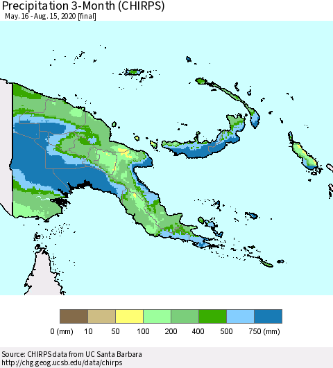 Papua New Guinea Precipitation 3-Month (CHIRPS) Thematic Map For 5/16/2020 - 8/15/2020