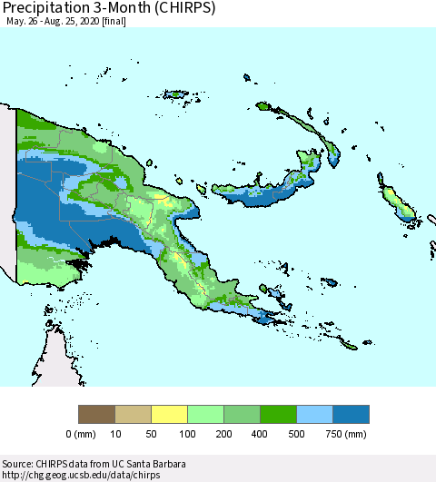 Papua New Guinea Precipitation 3-Month (CHIRPS) Thematic Map For 5/26/2020 - 8/25/2020