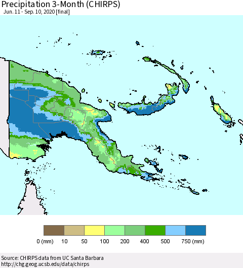 Papua New Guinea Precipitation 3-Month (CHIRPS) Thematic Map For 6/11/2020 - 9/10/2020