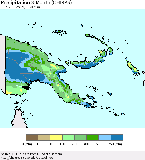 Papua New Guinea Precipitation 3-Month (CHIRPS) Thematic Map For 6/21/2020 - 9/20/2020