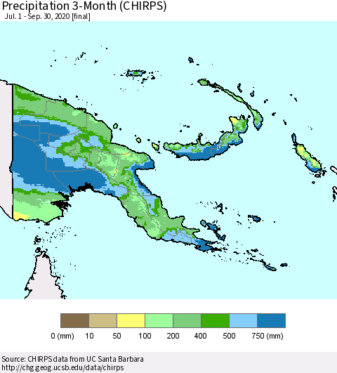 Papua New Guinea Precipitation 3-Month (CHIRPS) Thematic Map For 7/1/2020 - 9/30/2020
