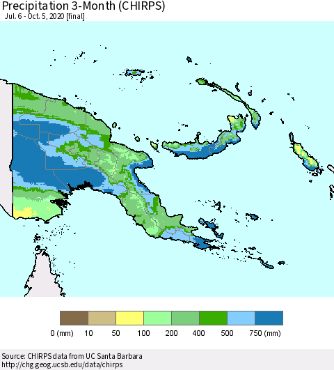Papua New Guinea Precipitation 3-Month (CHIRPS) Thematic Map For 7/6/2020 - 10/5/2020