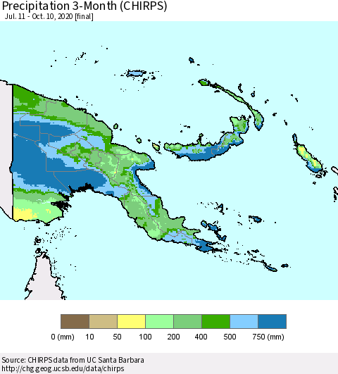Papua New Guinea Precipitation 3-Month (CHIRPS) Thematic Map For 7/11/2020 - 10/10/2020