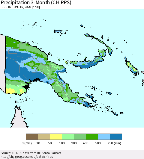 Papua New Guinea Precipitation 3-Month (CHIRPS) Thematic Map For 7/16/2020 - 10/15/2020