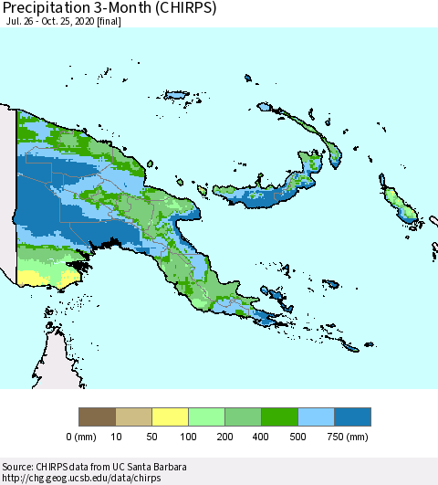 Papua New Guinea Precipitation 3-Month (CHIRPS) Thematic Map For 7/26/2020 - 10/25/2020