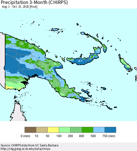 Papua New Guinea Precipitation 3-Month (CHIRPS) Thematic Map For 8/1/2020 - 10/31/2020