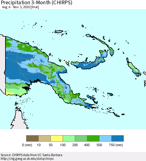 Papua New Guinea Precipitation 3-Month (CHIRPS) Thematic Map For 8/6/2020 - 11/5/2020