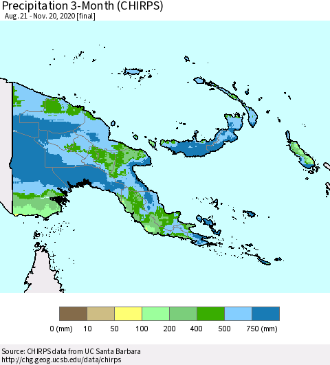 Papua New Guinea Precipitation 3-Month (CHIRPS) Thematic Map For 8/21/2020 - 11/20/2020
