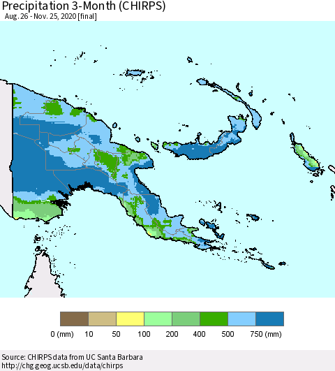 Papua New Guinea Precipitation 3-Month (CHIRPS) Thematic Map For 8/26/2020 - 11/25/2020