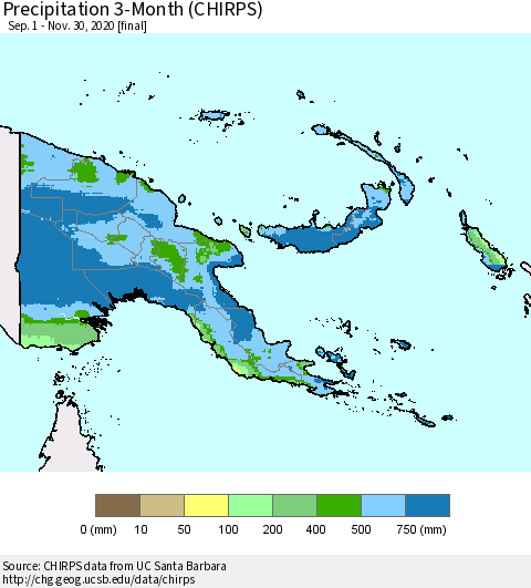 Papua New Guinea Precipitation 3-Month (CHIRPS) Thematic Map For 9/1/2020 - 11/30/2020