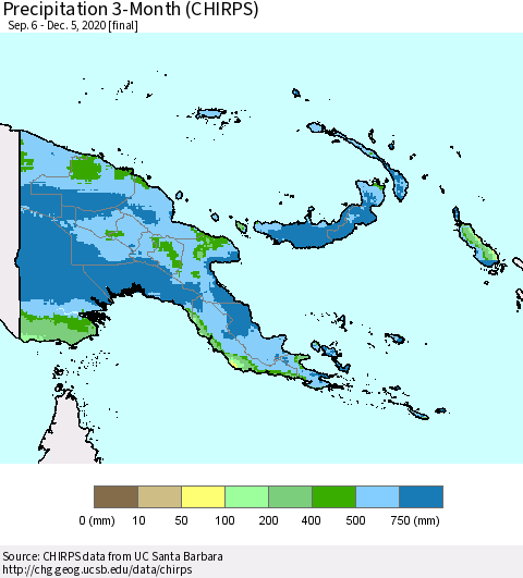 Papua New Guinea Precipitation 3-Month (CHIRPS) Thematic Map For 9/6/2020 - 12/5/2020