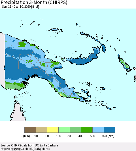 Papua New Guinea Precipitation 3-Month (CHIRPS) Thematic Map For 9/11/2020 - 12/10/2020