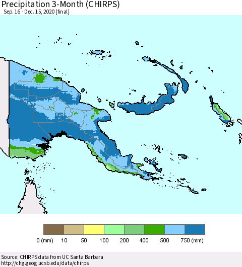 Papua New Guinea Precipitation 3-Month (CHIRPS) Thematic Map For 9/16/2020 - 12/15/2020