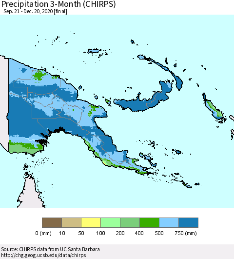 Papua New Guinea Precipitation 3-Month (CHIRPS) Thematic Map For 9/21/2020 - 12/20/2020