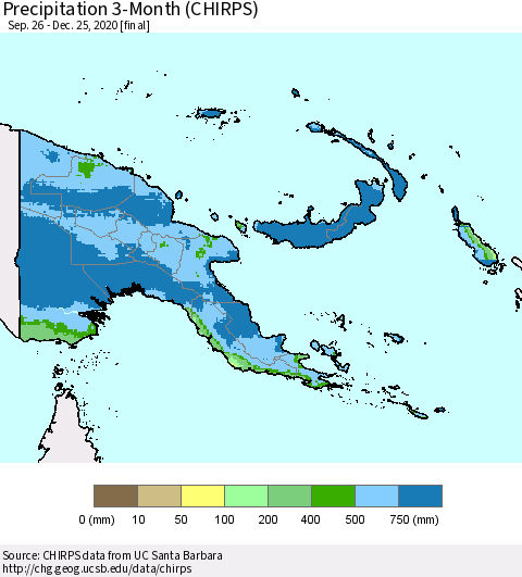 Papua New Guinea Precipitation 3-Month (CHIRPS) Thematic Map For 9/26/2020 - 12/25/2020