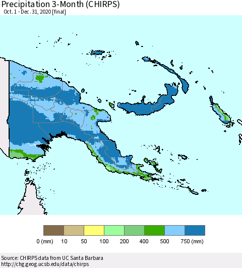 Papua New Guinea Precipitation 3-Month (CHIRPS) Thematic Map For 10/1/2020 - 12/31/2020