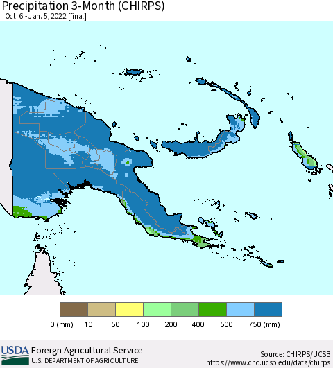 Papua New Guinea Precipitation 3-Month (CHIRPS) Thematic Map For 10/6/2021 - 1/5/2022