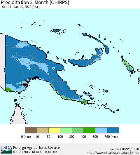 Papua New Guinea Precipitation 3-Month (CHIRPS) Thematic Map For 10/11/2021 - 1/10/2022
