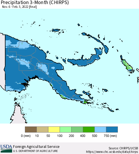 Papua New Guinea Precipitation 3-Month (CHIRPS) Thematic Map For 11/6/2021 - 2/5/2022