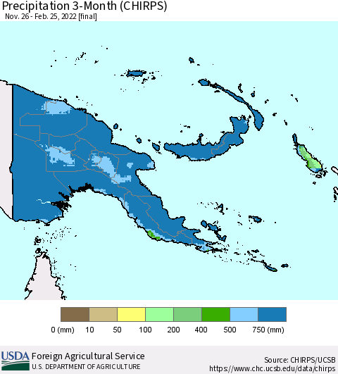 Papua New Guinea Precipitation 3-Month (CHIRPS) Thematic Map For 11/26/2021 - 2/25/2022