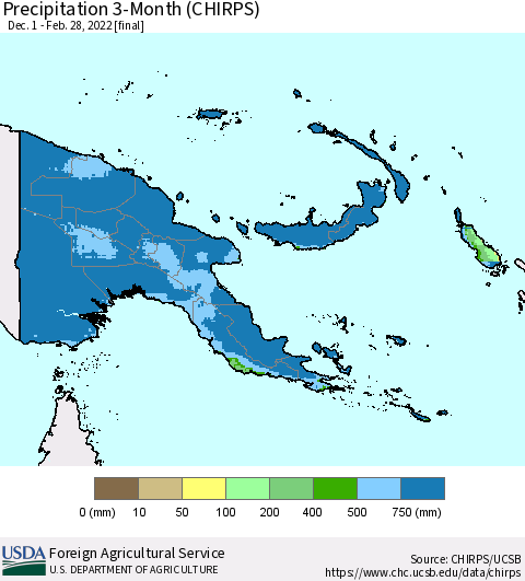 Papua New Guinea Precipitation 3-Month (CHIRPS) Thematic Map For 12/1/2021 - 2/28/2022