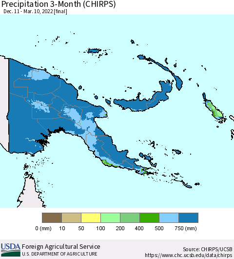 Papua New Guinea Precipitation 3-Month (CHIRPS) Thematic Map For 12/11/2021 - 3/10/2022