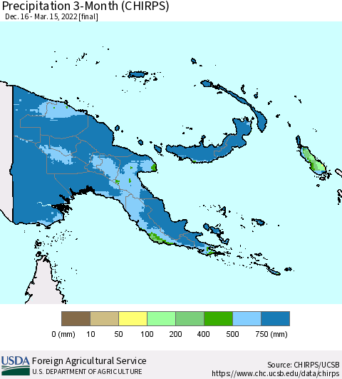 Papua New Guinea Precipitation 3-Month (CHIRPS) Thematic Map For 12/16/2021 - 3/15/2022