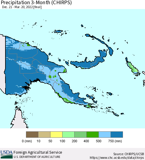 Papua New Guinea Precipitation 3-Month (CHIRPS) Thematic Map For 12/21/2021 - 3/20/2022