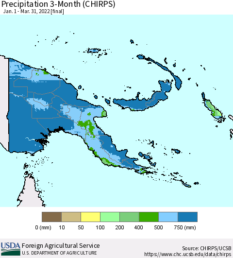 Papua New Guinea Precipitation 3-Month (CHIRPS) Thematic Map For 1/1/2022 - 3/31/2022