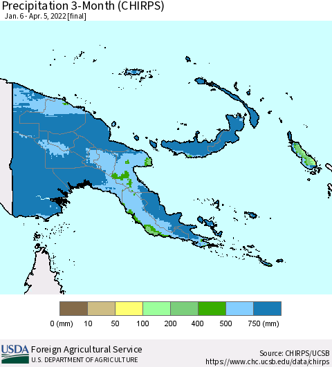 Papua New Guinea Precipitation 3-Month (CHIRPS) Thematic Map For 1/6/2022 - 4/5/2022