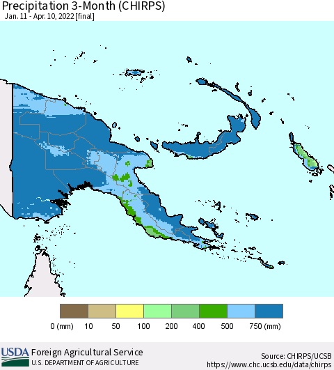 Papua New Guinea Precipitation 3-Month (CHIRPS) Thematic Map For 1/11/2022 - 4/10/2022