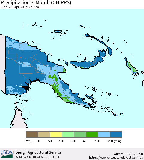 Papua New Guinea Precipitation 3-Month (CHIRPS) Thematic Map For 1/21/2022 - 4/20/2022