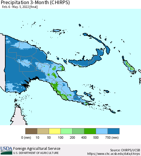 Papua New Guinea Precipitation 3-Month (CHIRPS) Thematic Map For 2/6/2022 - 5/5/2022