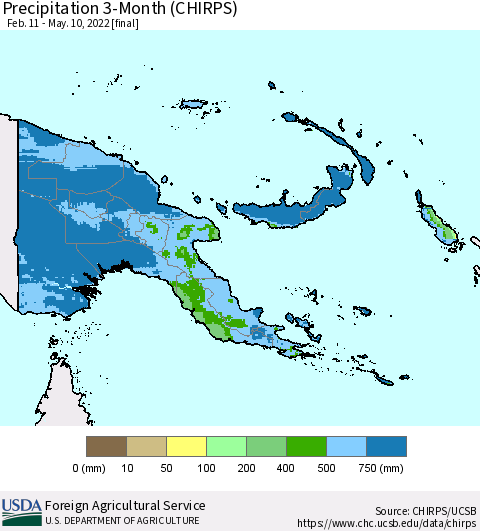Papua New Guinea Precipitation 3-Month (CHIRPS) Thematic Map For 2/11/2022 - 5/10/2022