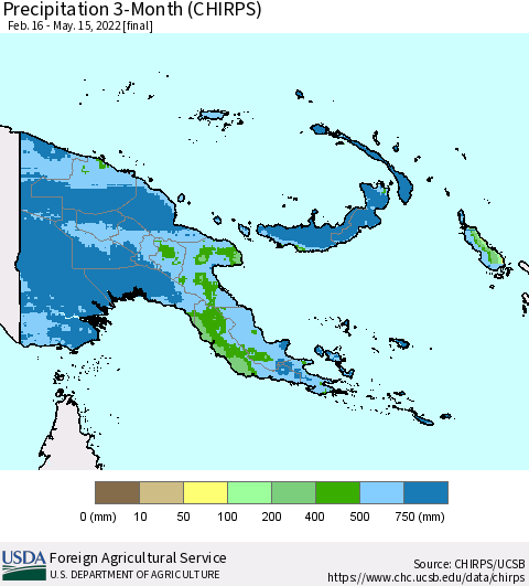 Papua New Guinea Precipitation 3-Month (CHIRPS) Thematic Map For 2/16/2022 - 5/15/2022